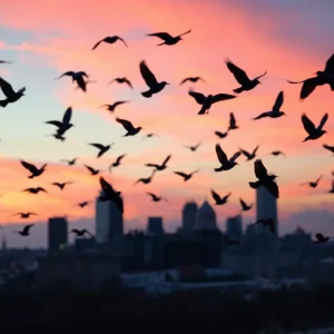 Large flock of Purple Martins flying over Nashville skyline at sunset