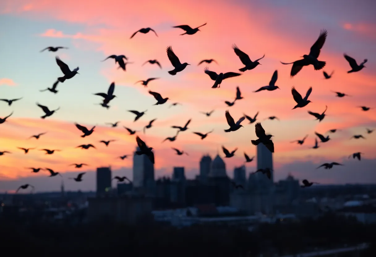 Large flock of Purple Martins flying over Nashville skyline at sunset
