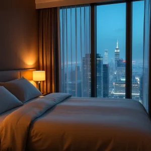 Quiet hotel room at night with city skyline view and white noise machine on nightstand