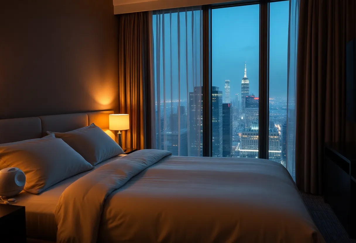 Quiet hotel room at night with city skyline view and white noise machine on nightstand