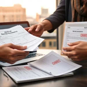 Hands exchanging rental assistance documents with Nashville apartment skyline in the background
