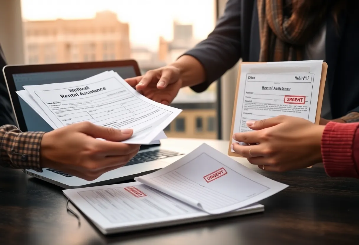 Hands exchanging rental assistance documents with Nashville apartment skyline in the background