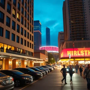 Downtown hotel exterior at dusk with rooftop lounge, valet area and concert-goers nearby
