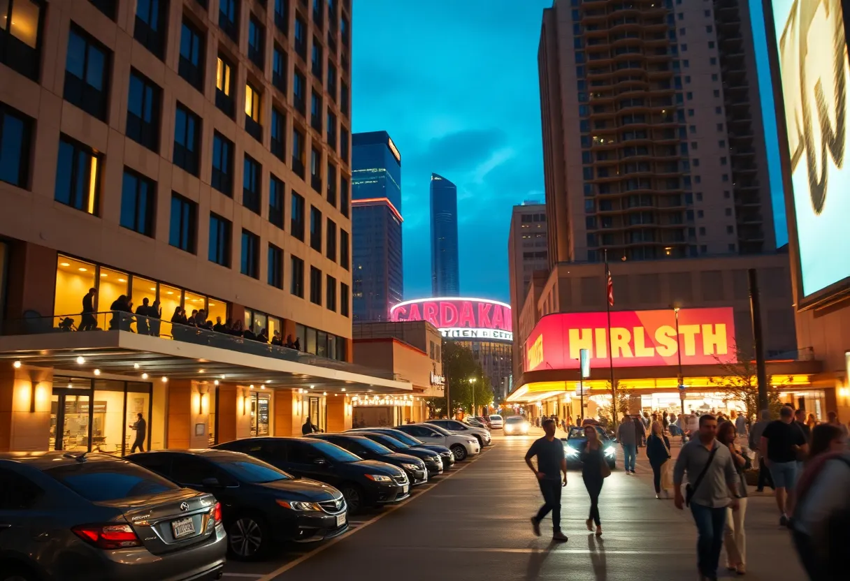 Downtown hotel exterior at dusk with rooftop lounge, valet area and concert-goers nearby