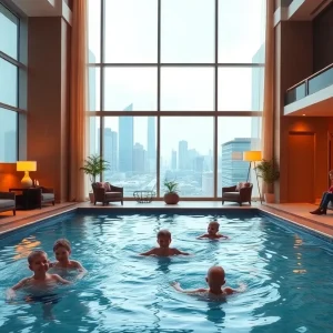Children playing in a heated indoor pool at a modern downtown hotel with parents relaxing poolside