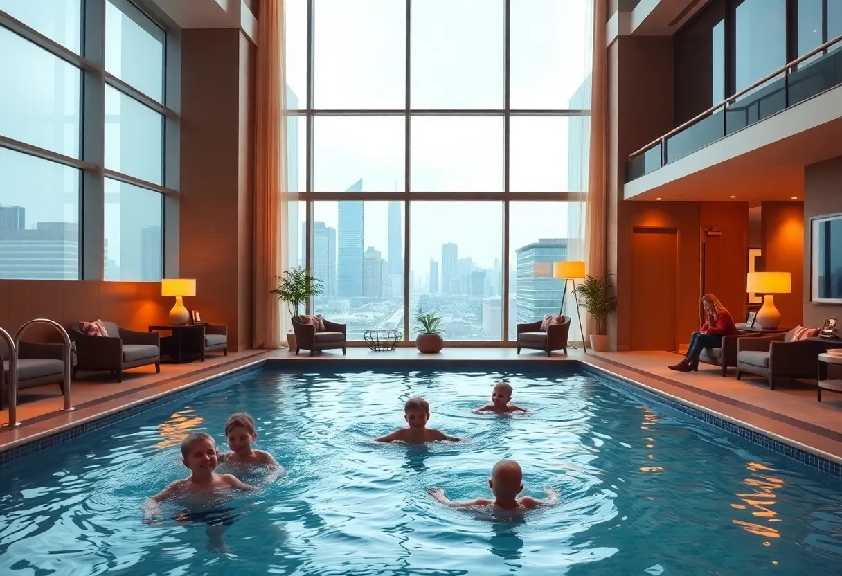 Children playing in a heated indoor pool at a modern downtown hotel with parents relaxing poolside