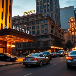 Exterior of a downtown Nashville hotel with valet parking and city skyline at dusk