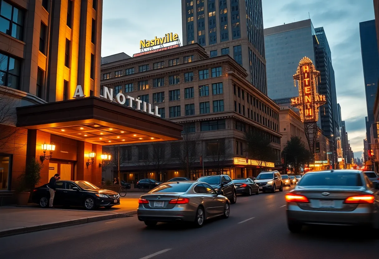 Exterior of a downtown Nashville hotel with valet parking and city skyline at dusk