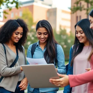 Group of students with an advisor on campus reviewing transfer paperwork and a laptop