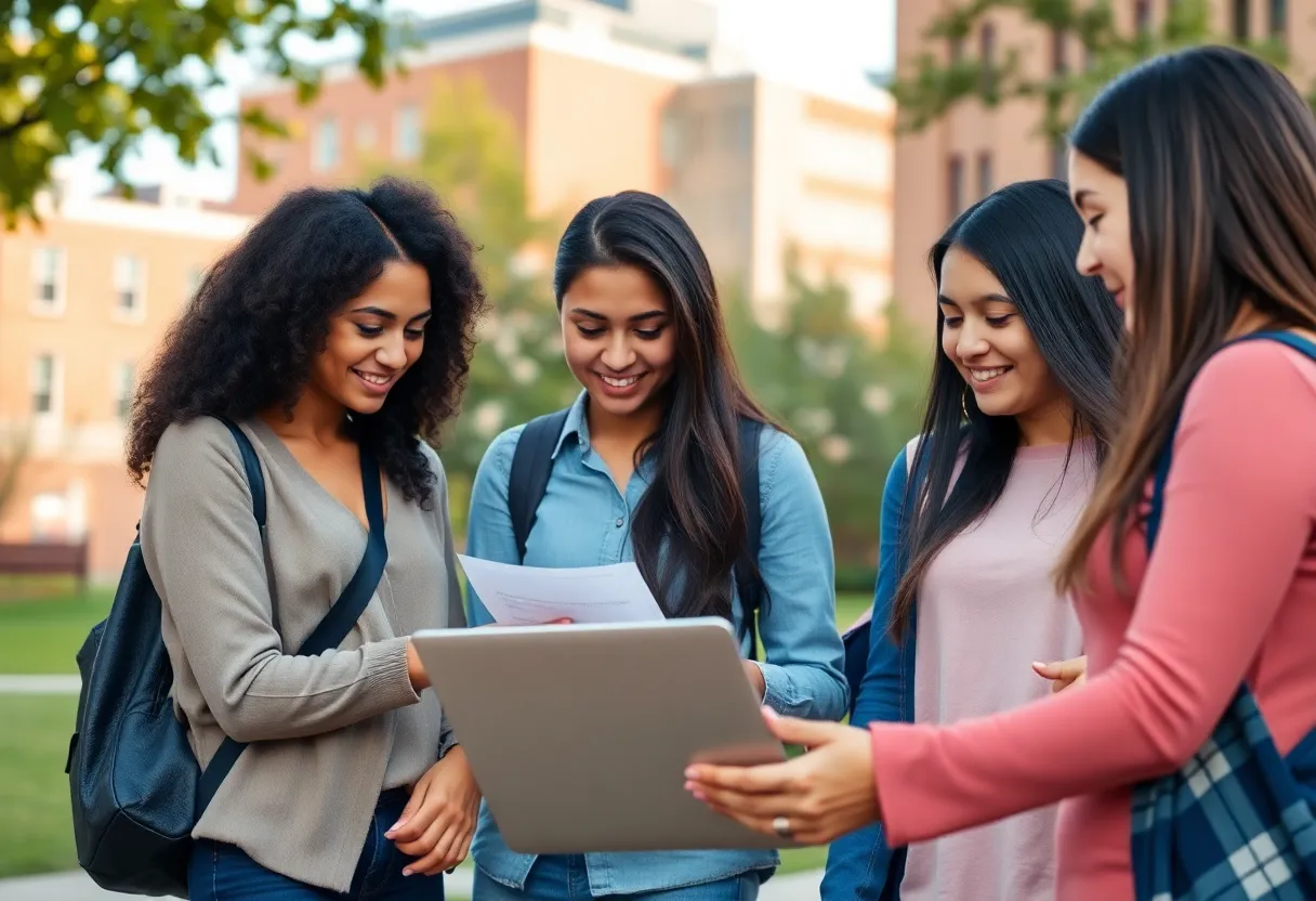 Group of students with an advisor on campus reviewing transfer paperwork and a laptop