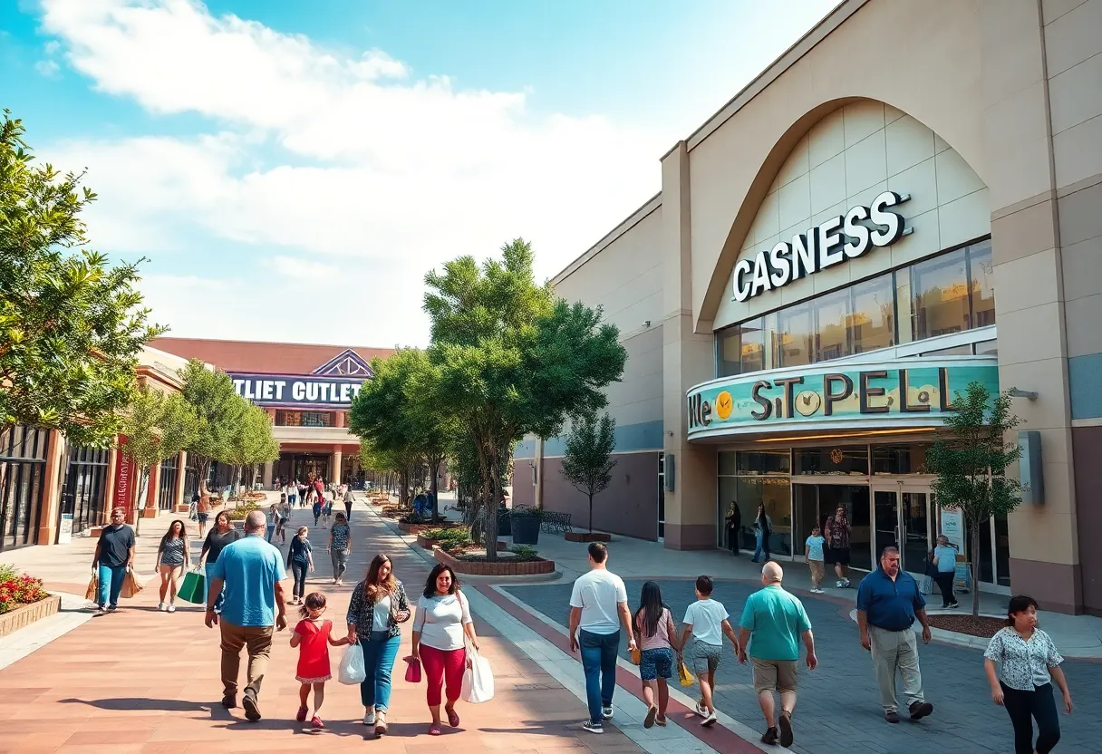 Outdoor Tanger Outlets village next to indoor Opry Mills mall with shoppers and parking