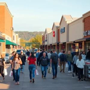 Early morning shoppers at Tanger Outlets Nashville carrying bags near storefronts