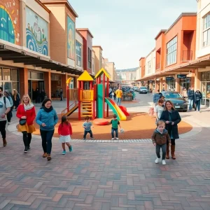 Families walking and children playing at Tanger Outlets Nashville playground with murals and stores