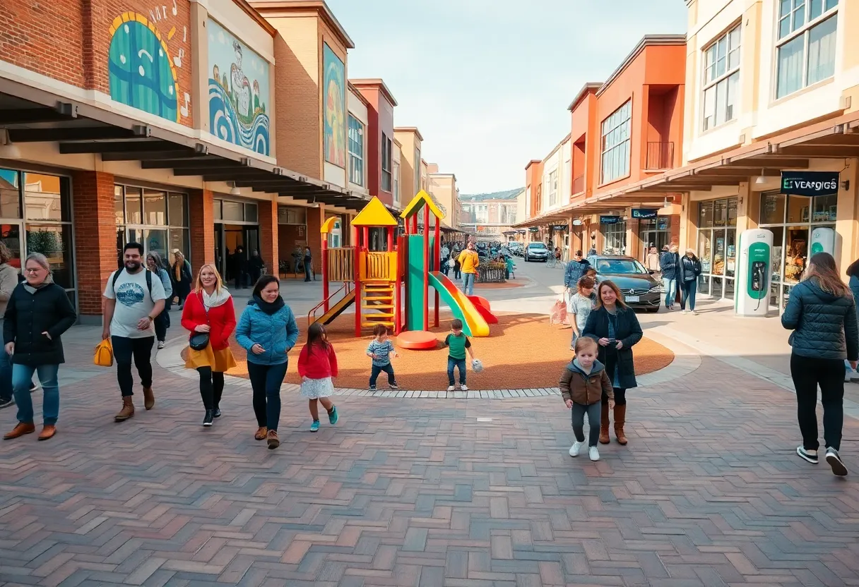 Families walking and children playing at Tanger Outlets Nashville playground with murals and stores