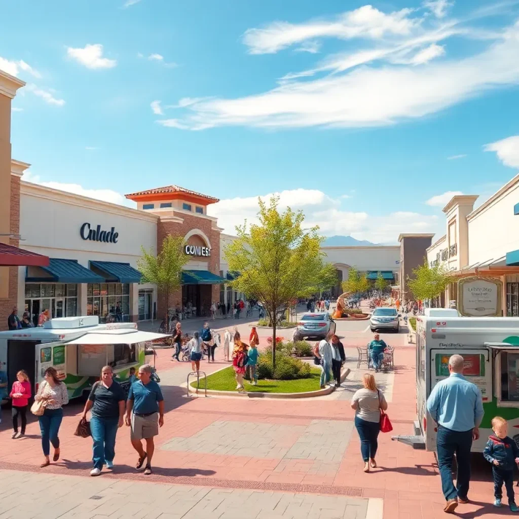 Busy outdoor outlet center with shoppers, food trucks, EV chargers and a family-friendly green space at Tanger Outlets Nashville