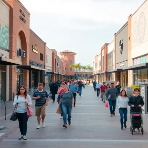 Shoppers walking briskly through the central walkway of Tanger Outlets Nashville with storefronts, murals, and EV charging visible