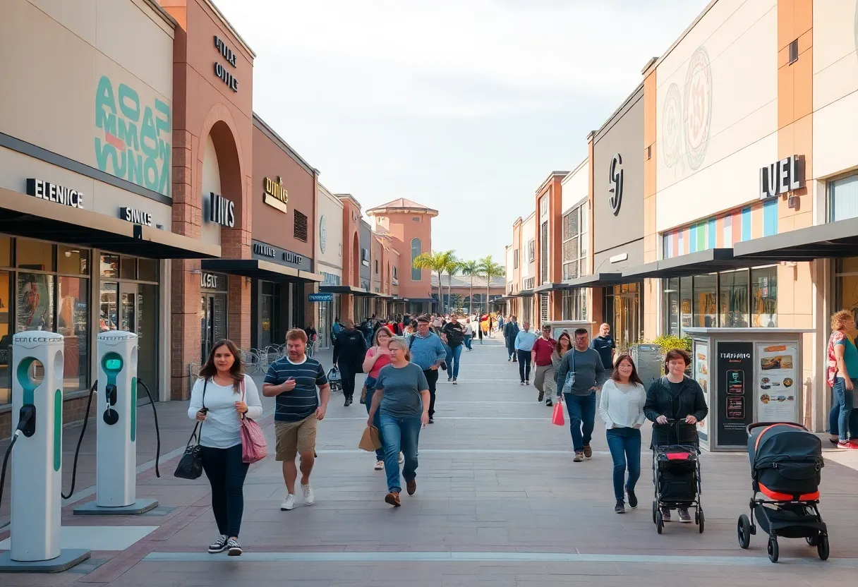 Shoppers walking briskly through the central walkway of Tanger Outlets Nashville with storefronts, murals, and EV charging visible