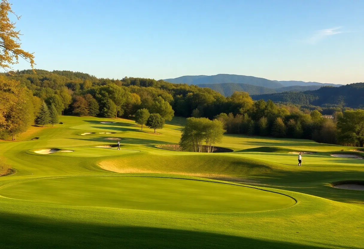 Scenic overview of golf courses in Tennessee with golfers on the fairway