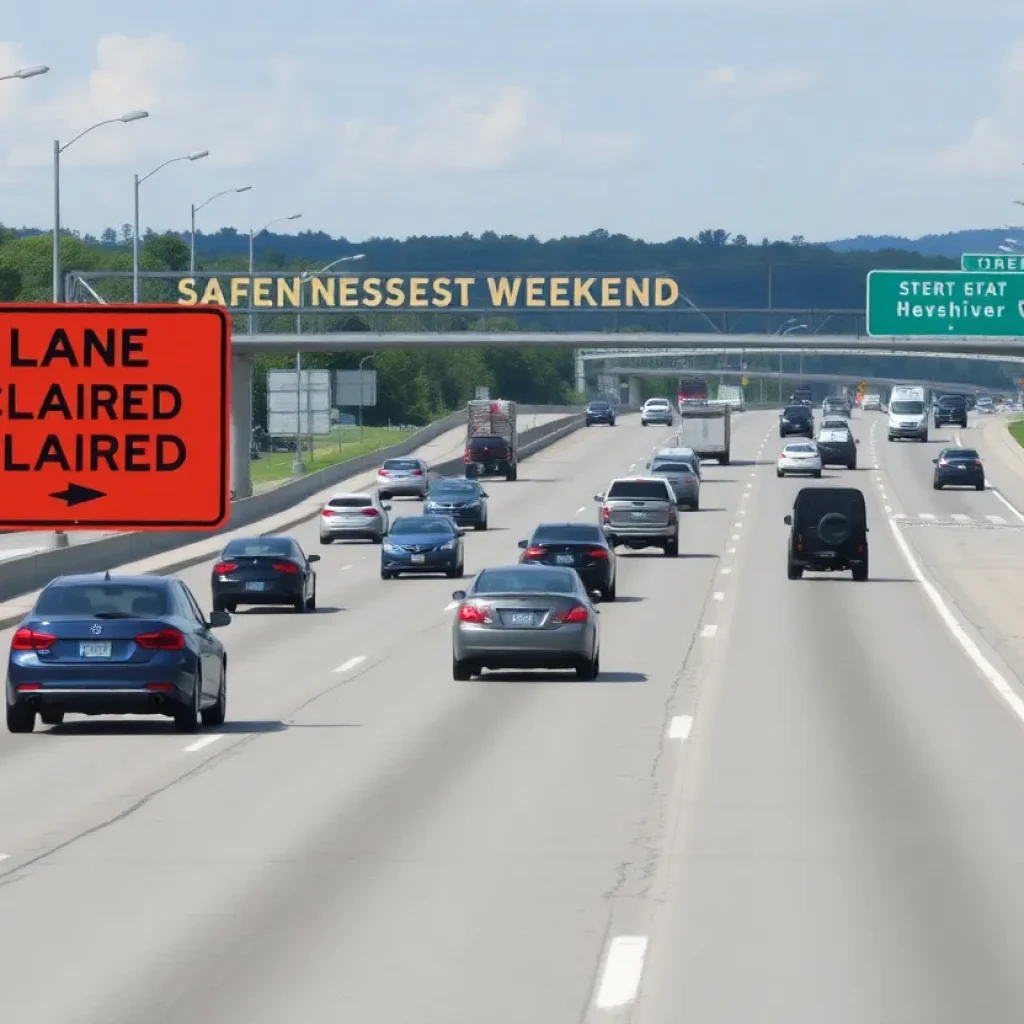 View of a Tennessee highway with vehicles and halted lane closure signs