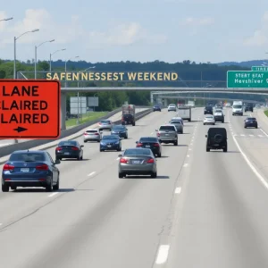 View of a Tennessee highway with vehicles and halted lane closure signs