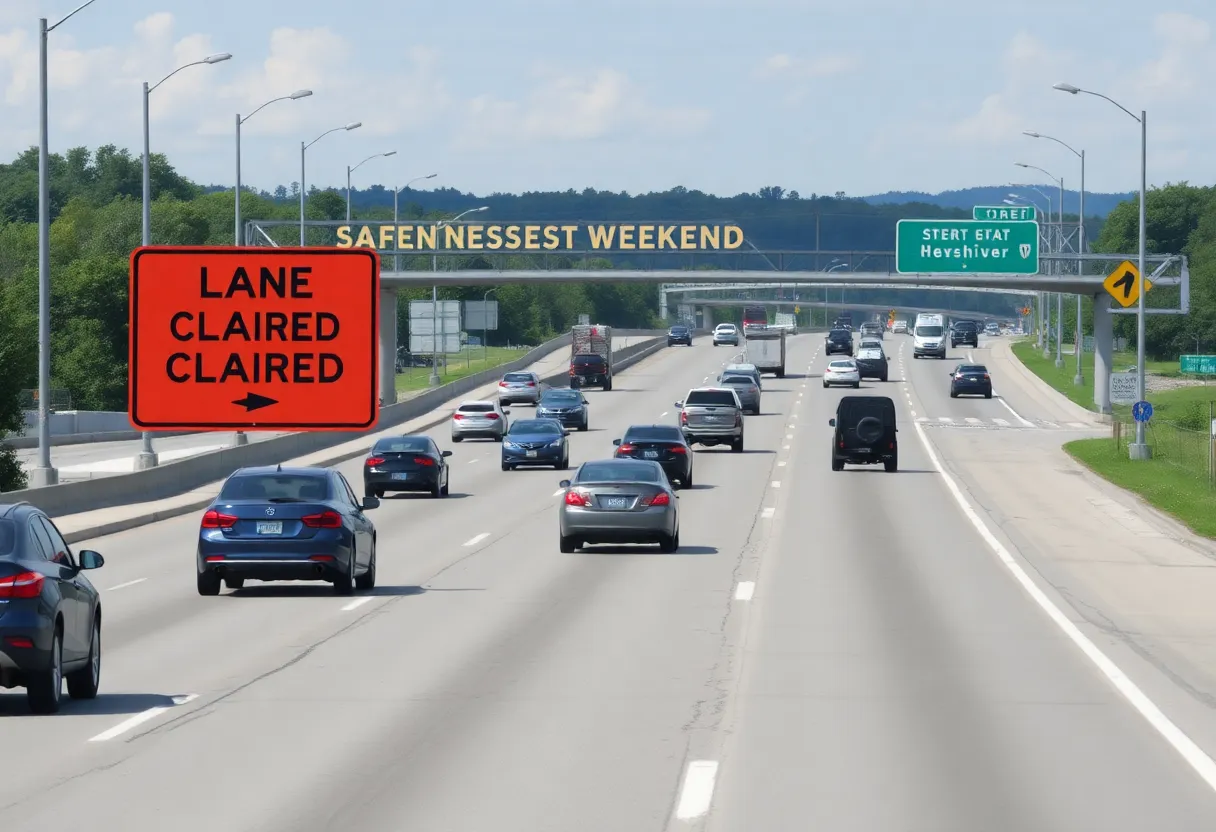 View of a Tennessee highway with vehicles and halted lane closure signs