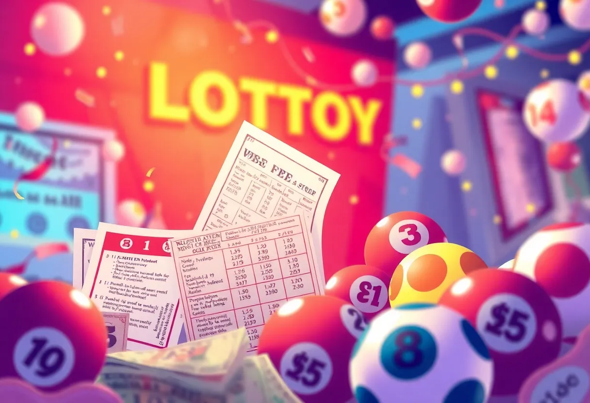 Illustration of lottery tickets and cash prizes representing Tennessee Lottery draws