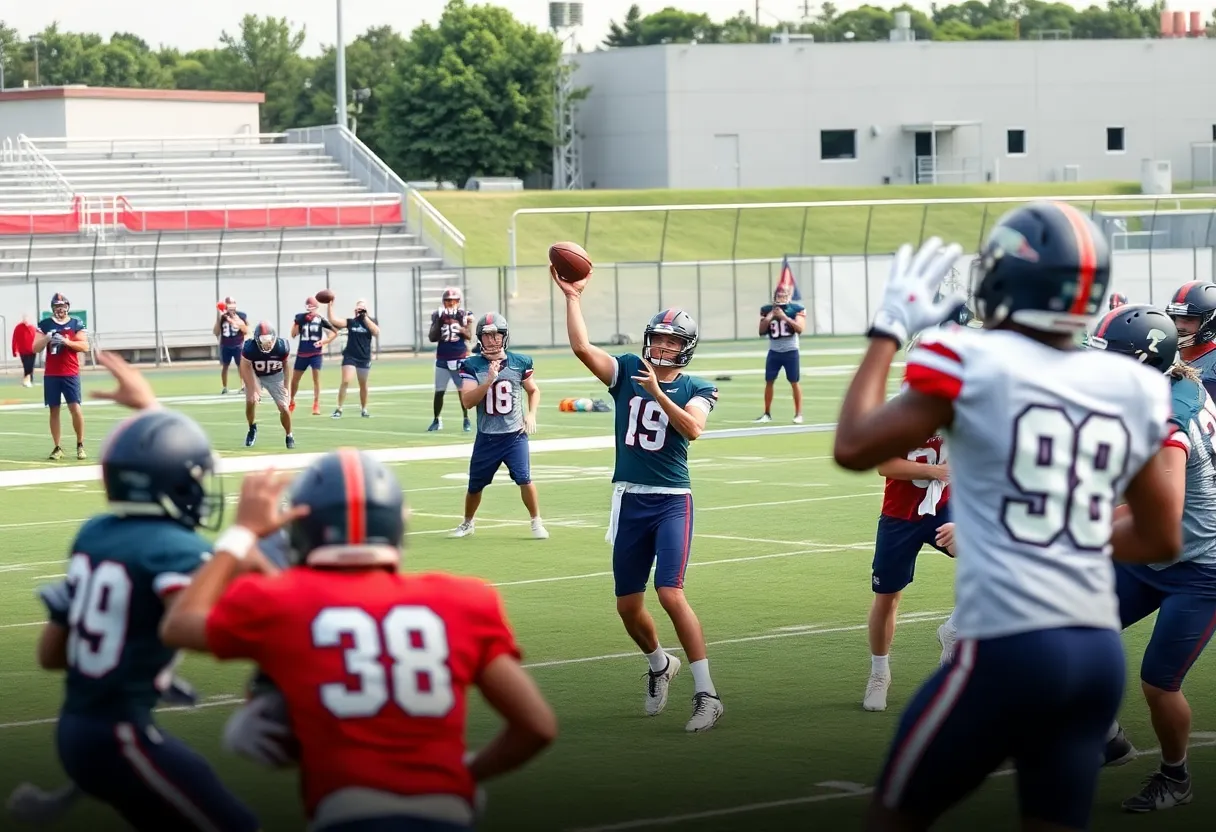 Tennessee Titans players in training camp practice