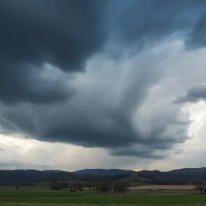 Dark storm clouds gathering over Tennessee signaling tornado warning