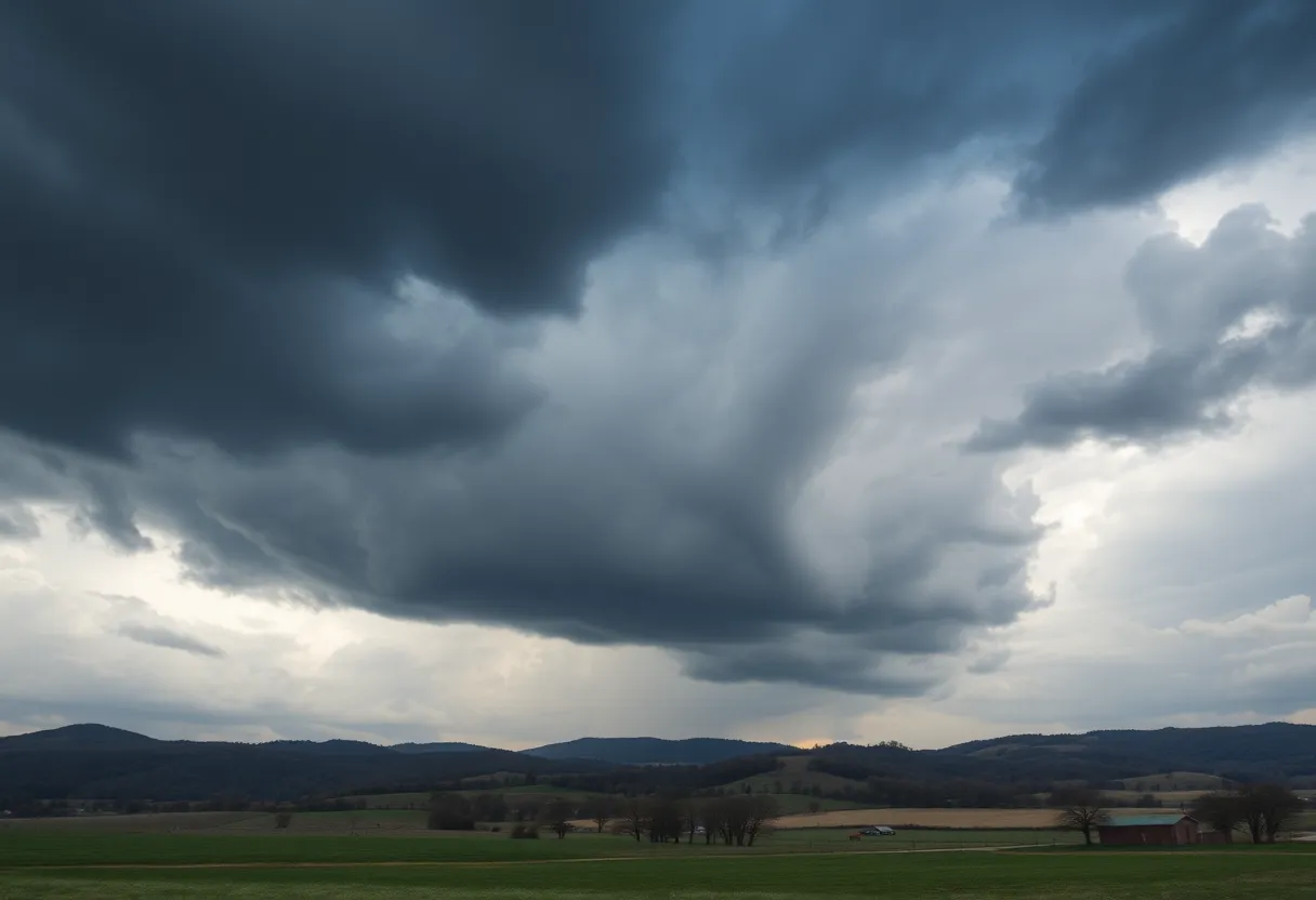 Dark storm clouds gathering over Tennessee signaling tornado warning