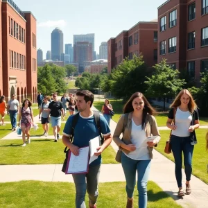 Students on campus holding transcripts with Nashville skyline in background