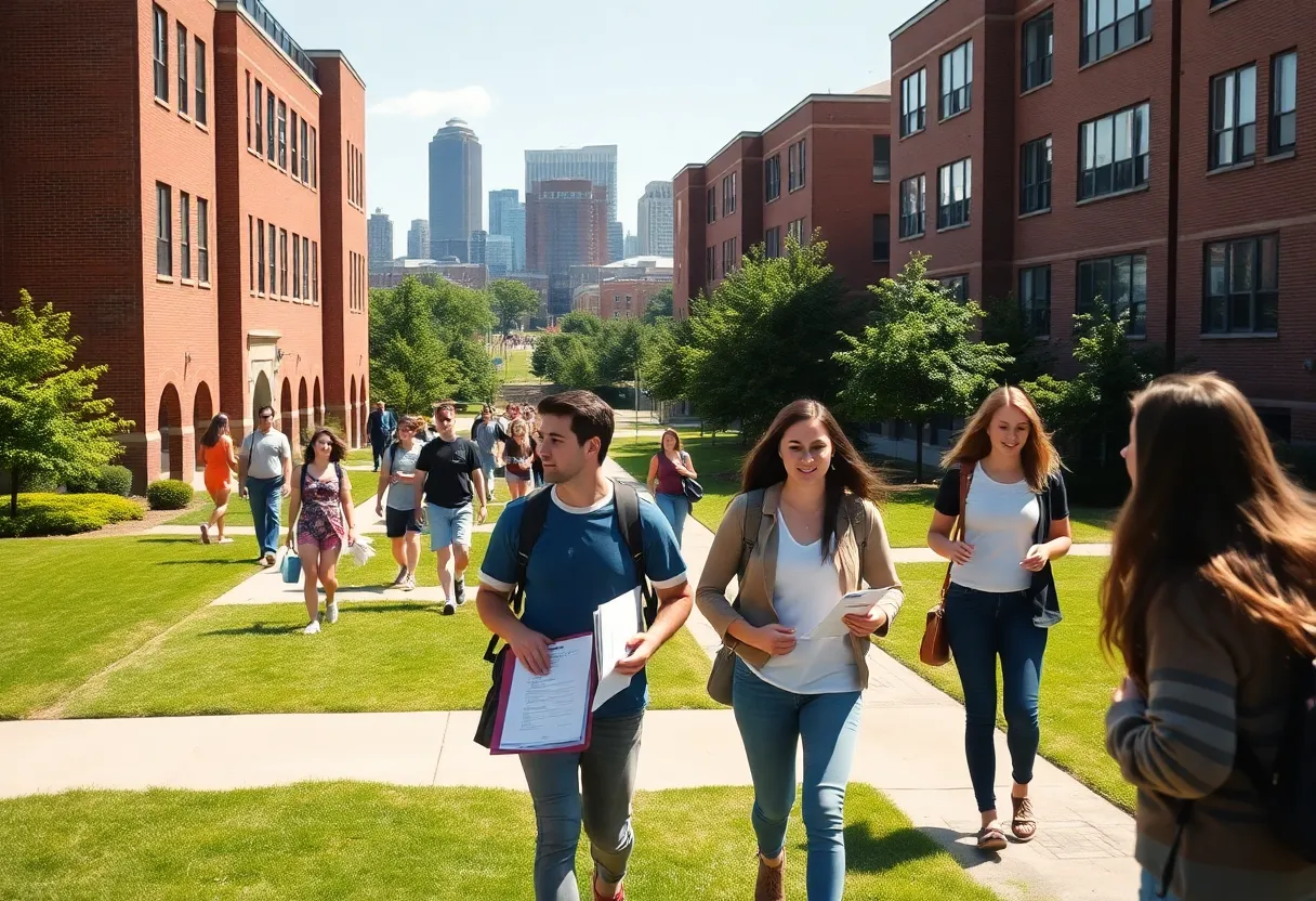 Students on campus holding transcripts with Nashville skyline in background