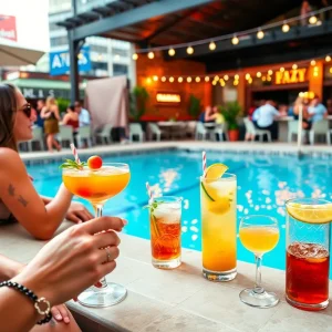 Guests enjoying a lively pool party with craft cocktails and lounge chairs
