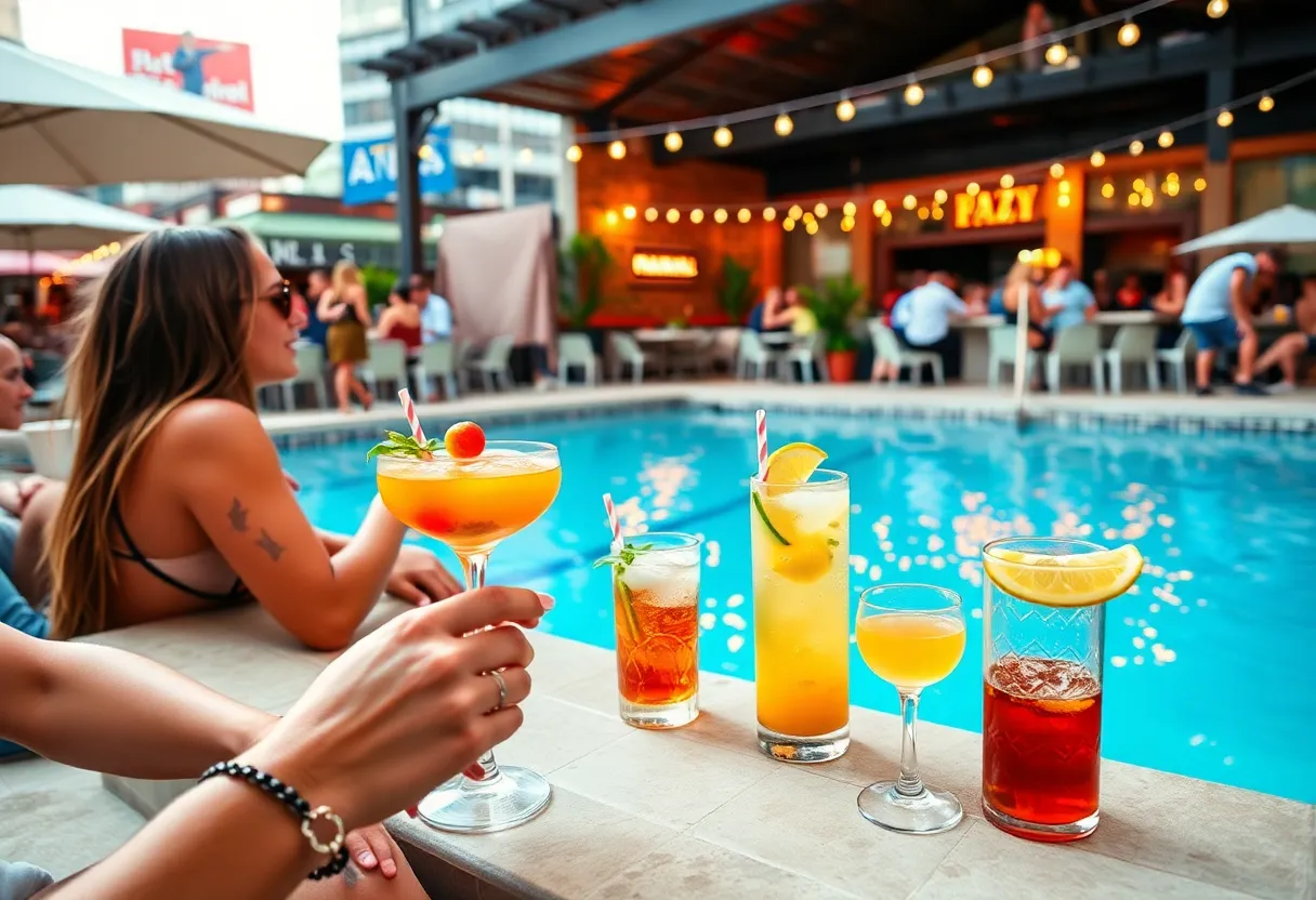 Guests enjoying a lively pool party with craft cocktails and lounge chairs