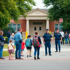 Campus of University School of Nashville with parents and police presence after bomb threat.
