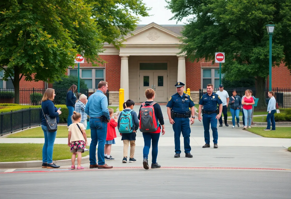 Campus of University School of Nashville with parents and police presence after bomb threat.
