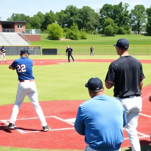 Vanderbilt baseball team players practicing hitting on the field.