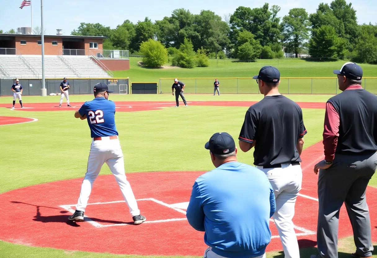Vanderbilt baseball team players practicing hitting on the field.