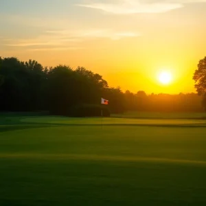 Golf course panorama at sunrise with a flag in the background