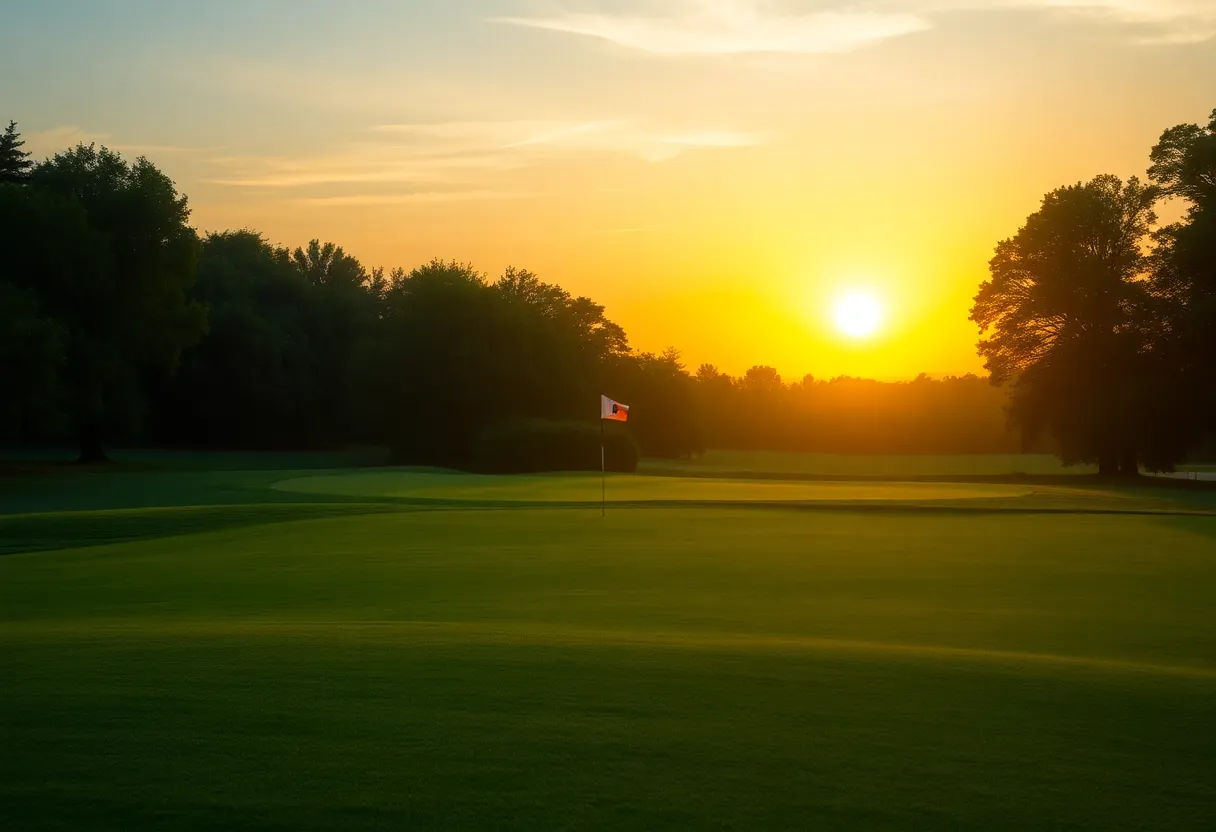 Golf course panorama at sunrise with a flag in the background