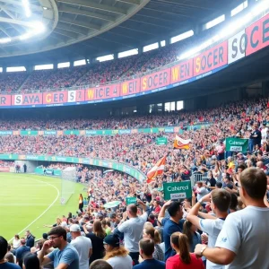 Spectators enjoying a Vanderbilt women's soccer game with themed events and promotions.