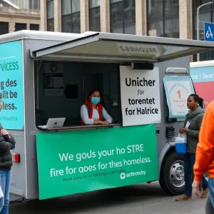 A volunteer bus driver operating a mobile shower unit for homeless services.