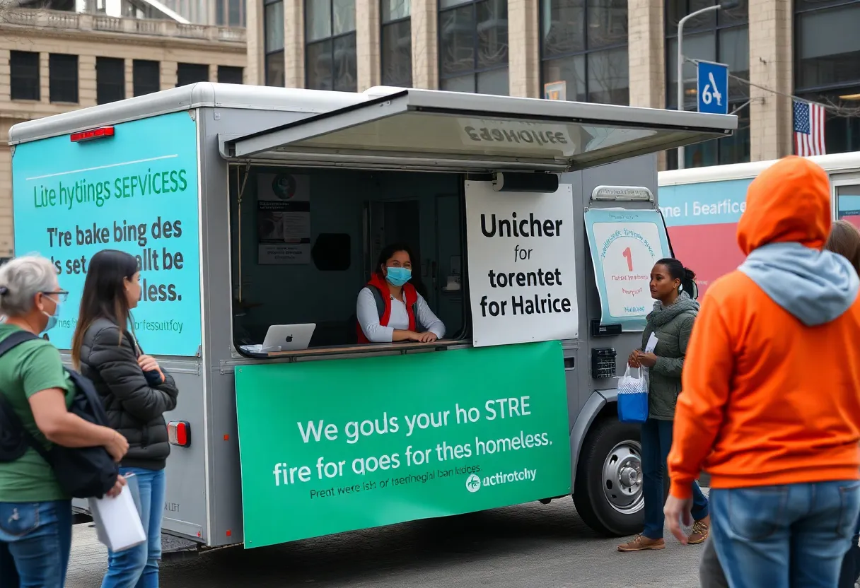A volunteer bus driver operating a mobile shower unit for homeless services.