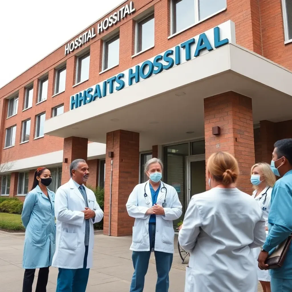 Exterior view of Vanderbilt University Medical Center with healthcare professionals