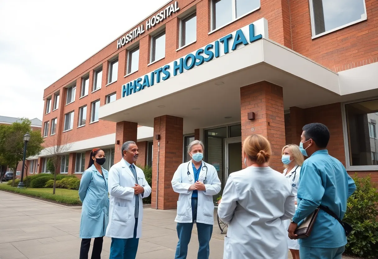 Exterior view of Vanderbilt University Medical Center with healthcare professionals