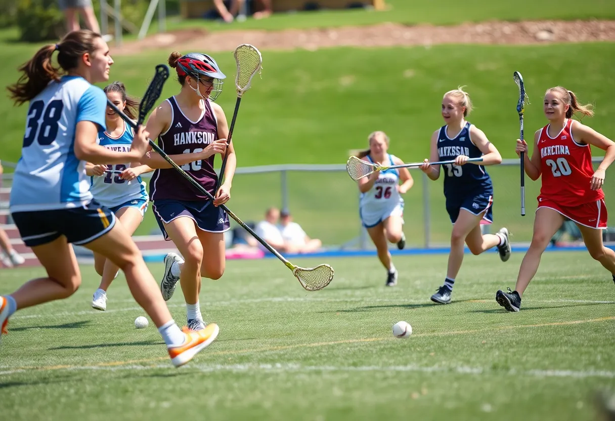 Women playing lacrosse in a dynamic match