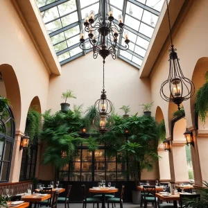 Interior view of Aba Restaurant featuring tall ceilings and elegant decor