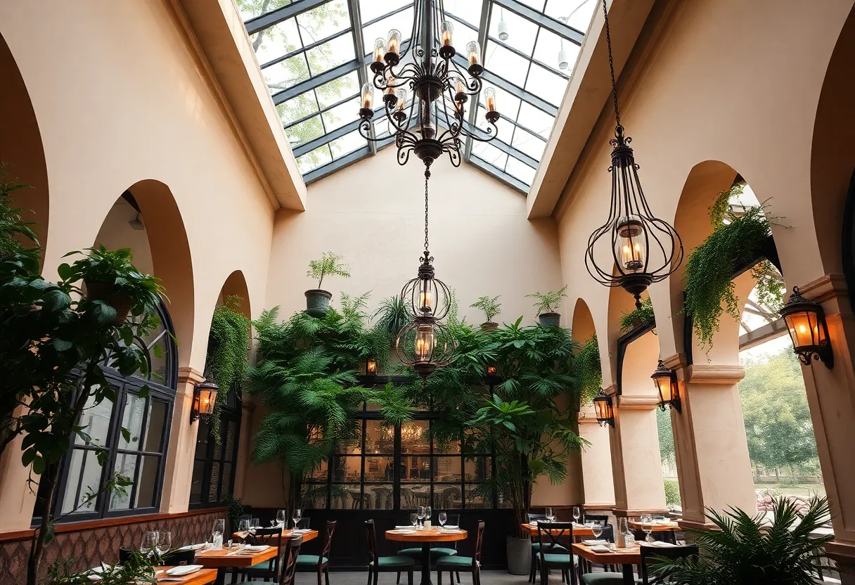 Interior view of Aba Restaurant featuring tall ceilings and elegant decor