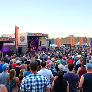 A lively scene showcasing AMERICANAFEST 2025 with artists performing and attendees celebrating Americana music in Nashville.