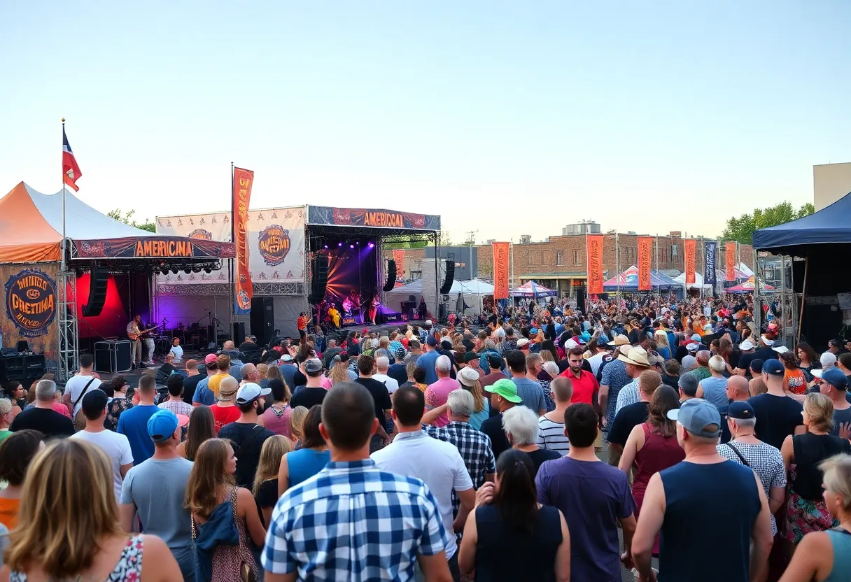 A lively scene showcasing AMERICANAFEST 2025 with artists performing and attendees celebrating Americana music in Nashville.