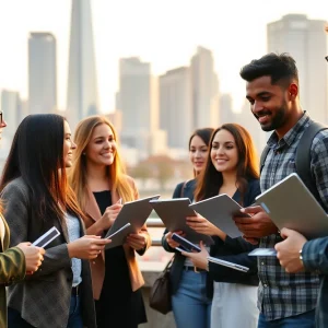 Group of young professionals networking outdoors with Nashville skyline in the background